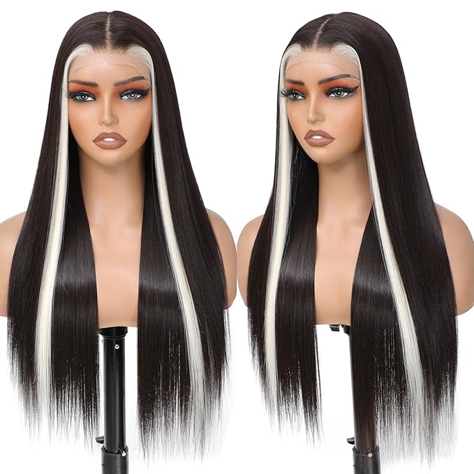 7x5 Lace Front Wig for Women Skunk Stripe Glueless Wig Synthetic Lace Wig Pre Plucked HD Lace Straight Wig Ready to Wear Long Straight Brown and Blonde Wig 26inch