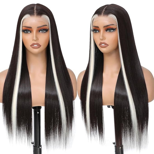 7x5 Lace Front Wig for Women Skunk Stripe Glueless Wig Synthetic Lace Wig Pre Plucked HD Lace Straight Wig Ready to Wear Long Straight Brown and Blonde Wig 26inch