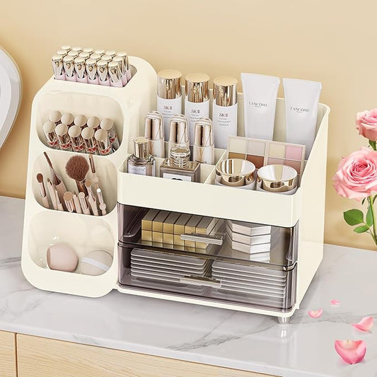 Makeup Organizer with Drawers, Skincare Organizer (Large Size Thick), Storage Box Cosmetic Display Cases, Make up Organizers for Vanity, Dresser, Desk, Kitchen, Countertop (cream)