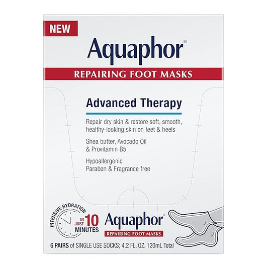 Aquaphor Repairing Foot Masks, Moisturizing Socks for Dry Feet with Avocado Oil and Shea Butter, Pedicure Supplies and At Home Spa Gifts for Mom, Pack of 6