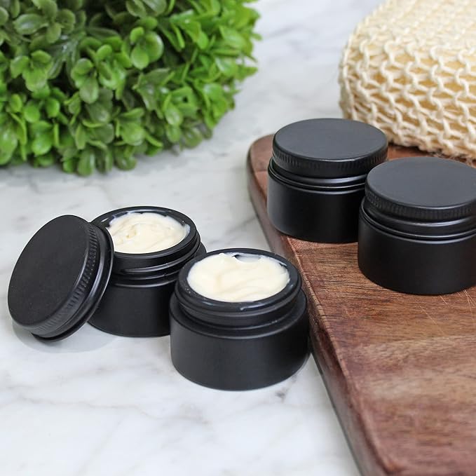 Darware 15-Milliliter Glass Balm Jars (24-Pack, Black); 1/2 oz Tiny Cosmetic Jars with Lined Black Metal Lids