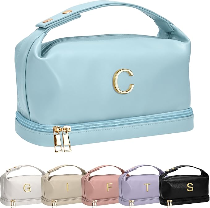 Women Gifts Basket Ideas, Travel Makeup Bag with Handle, Initial Double Layer Cosmetic Bag with Makeup Brush Organizer, Customizable Graduation Gifts for Girls Age 10-12 12-14 14-16 16-18