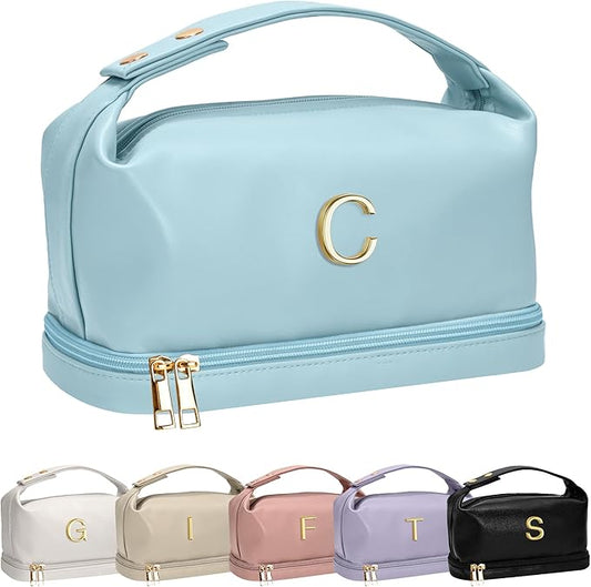 Women Gifts Basket Ideas, Travel Makeup Bag with Handle, Initial Double Layer Cosmetic Bag with Makeup Brush Organizer, Customizable Graduation Gifts for Girls Age 10-12 12-14 14-16 16-18