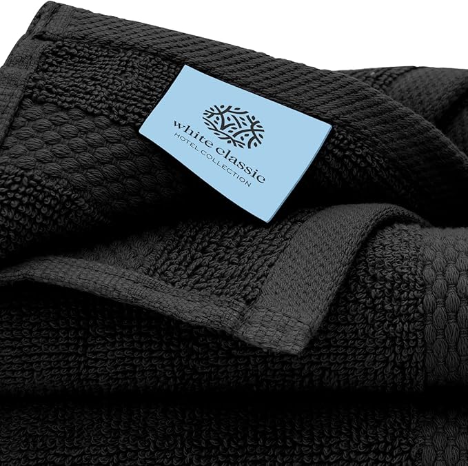 White Classic Luxury Cotton Washcloths Set 12 Pack - Hotel Quality Cleansing Face Towels Set, Black Small Bathroom Hand Towels | 12 Pack | Black