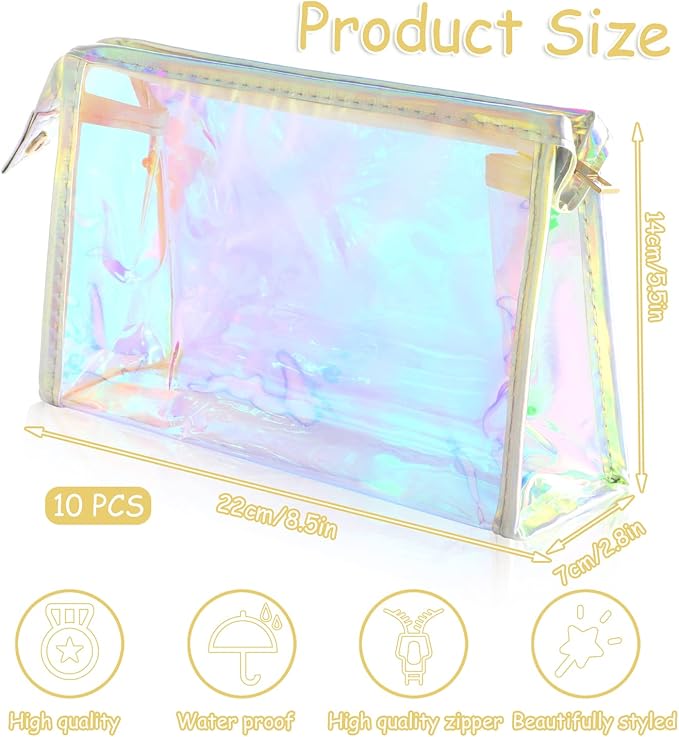 BESARME 10 Pcs Holographic Makeup Bags, Clear PVC Makeup Bag Iridescent Pouch Portable Zippered Toiletry Bag Waterproof Cosmetic Bags Stocking Stuffers for Women Girls Bathroom Vacation