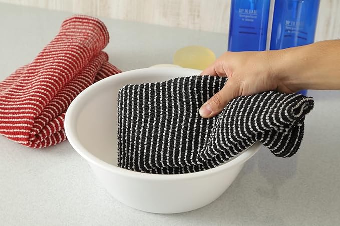 Exfoliating Washcloth [Made in Japan] Extra Long Exfoliating Towel Special Texture Makes Fluffy Foam Lather, Back Scrubber, Dead Skin Cell Remover, Loofah for Women and Men (2pcs Set(Black, Red))
