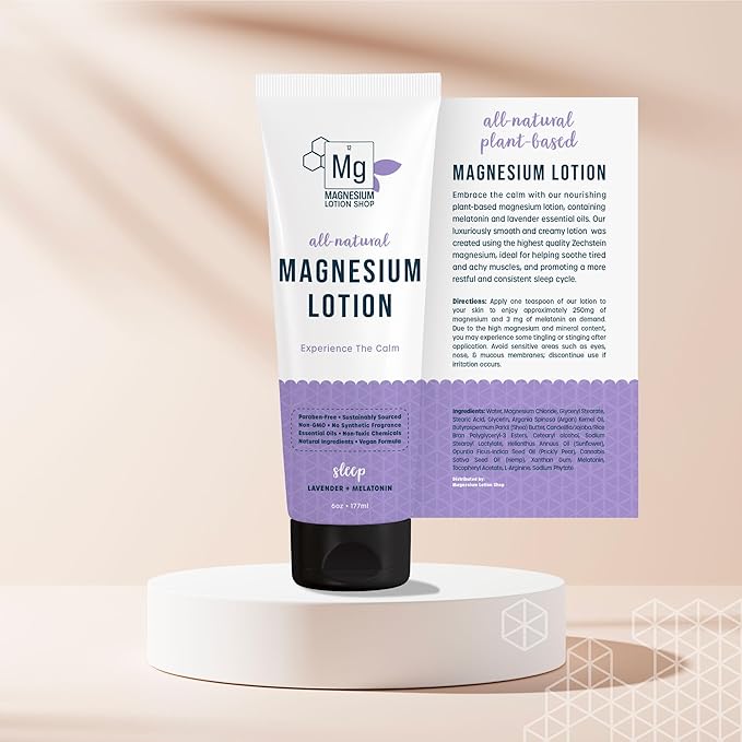 Melatonin + Lavender Magnesium Lotion for Sleep | 250 mg Magnesium and 3 mg Melatonin per Teaspoon | 6 oz Bottle of Lavender Lotion | Proudly Made in America