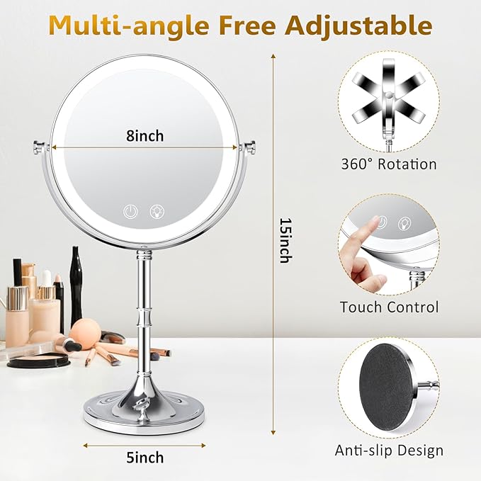 8" Lighted Makeup Mirror,1X/10X 4000mAh Rechargeable Double Sided HD Magnifying Mirror with 3 Colors Stepless Dimming,360°Rotation Touch Screen Vanity Mirror with Memory Function,Women Gift