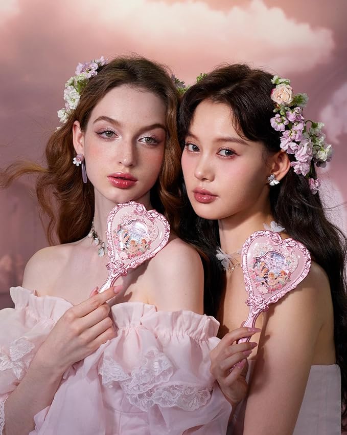 Flower Knows Strawberry Rococo Hand Mirror,Portable Vintage Handheld Mirror,Durable Metal Mirror,Cute & Aesthetic Princess Mirror,with Long Handle for Easy Holding,Gift for Girls(Milky Pink)