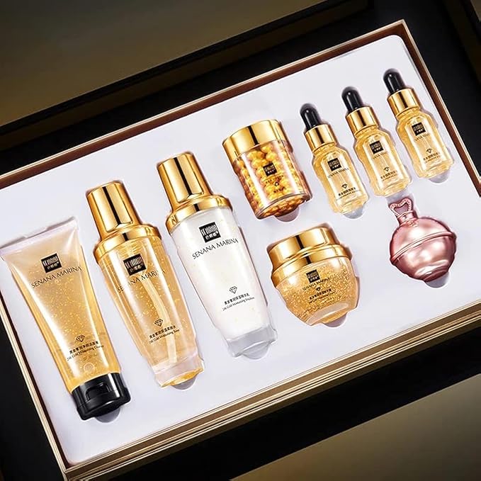 24K Gold Skin Care Set - 9-Piece Collection for Ultimate Moisturizing, Pore-Shrinking, and Oil Control