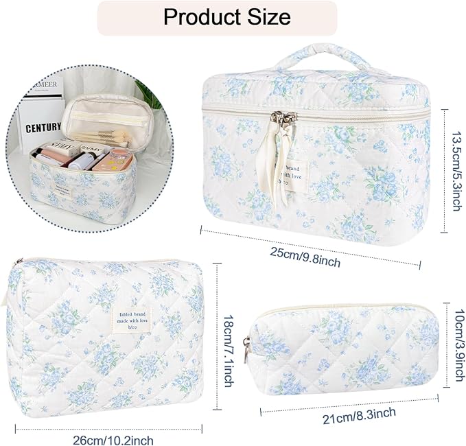 3Pcs Cotton Quilted Makeup Bag for Women Girls, Large Floral Cosmetic Bag Set Cute Makeup Brushes Aesthetic Accessories Storage Bag Blue Rose Flower Travel Toiletry Bag Organizer