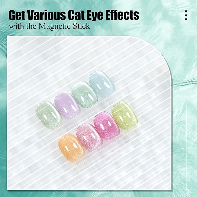 Adhere 8Pcs 12ML Color Transparent Candy Crystal Cat Eye Gel Nail Polish Kit with Magnet Jelly Color Jewelry Cat Eye Series Gel Polish Soak Off Led Nail Art Gel Manicure Salon DIY Gifts