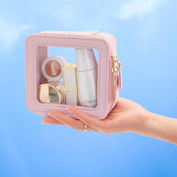 Aveniee Clear Makeup Bag Small, Mini Cosmetic Bags Travel Toiletry Bag, TSA Approved Clear Makeup Case Pouch with Zipper, Car Organizer Essentials for Women Men(Pink)