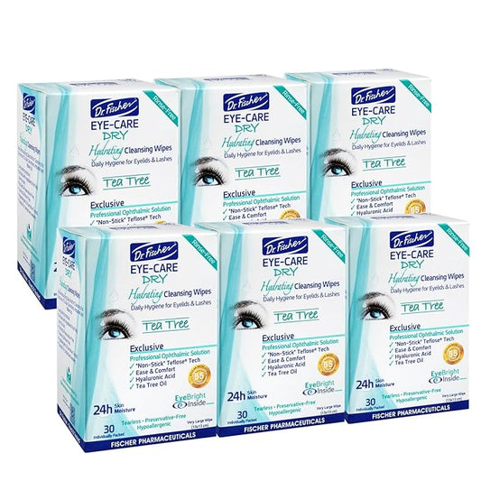 Dr. Fischer Tea Tree Eyelid Wipes - Gentle Eye Wipes for Everyday Eye Cleansing and Hypoallergenic Makeup Remover (6 packs of 30 wipes each).
