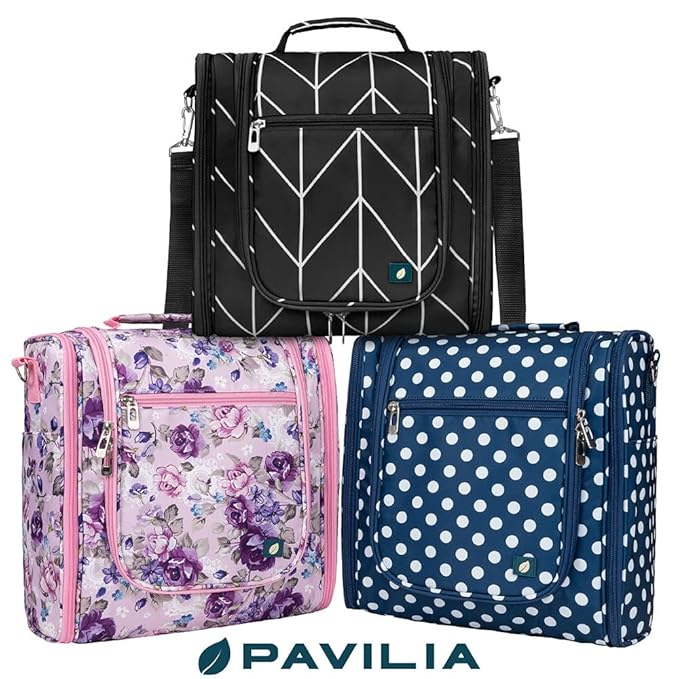 PAVILIA Extra Large Toiletry Bag Travel Bag for Women Men, Hanging Cosmetic Organizer, Water Resistant Makeup Bag for Accessories Toiletries, Travel Essentials Kit (Navy Polka Dot)