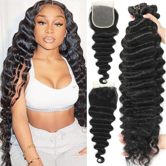 Loose Deep Wave Bundles with Closure 26 28 30+20 Inch Long Wavy 3 Bundles and Closure 100% Unprocessed Virgin Raw Hair Extensions Natural Black Color for Women