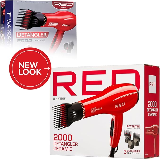 RED by KISS 2000 Ceramic Hair Dryer, Professional Salon Blow Dryer 3 Attachments Included, 2 Detangler Piks, 1 Air Concentrator (Red)