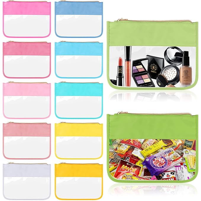 12 Pieces Clear Zipper Pouch for Travel Nylon Makeup Bag Waterproof Snack Stuff Pouches Cute Purse Cosmetic Bags for Women Girls Gifts