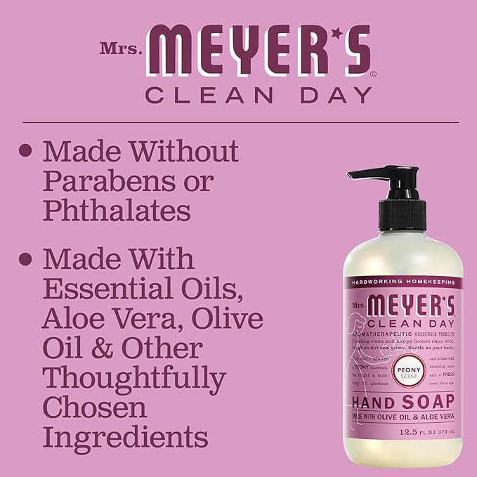 MRS. MEYER'S CLEAN DAY Hand Soap, Made with Essential Oils, Biodegradable Formula, Peony, 12.5 fl. oz (Pack of 6)