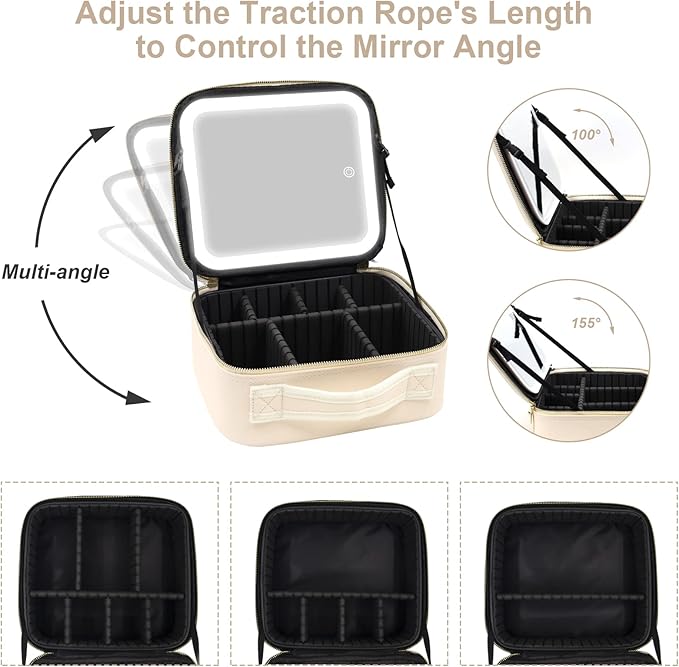 Travel Makeup Bag Cosmetic Bag Make up Organizer Bag with Large Lighted Mirror 3 Color Modes Adjustable Brightness, Waterproof PU Leather Makeup Travel Case Makeup Train Case Toiletry Gift Accessories