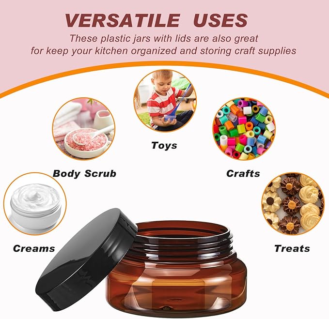 Tessco 24 Pack Plastic Jars with Lids Labels Empty Clear Plastic Jars Round Refillable Cosmetic Containers Body Butter Containers Bulk Sugar Scrub Bottle for Make Up(5 oz,Brown)