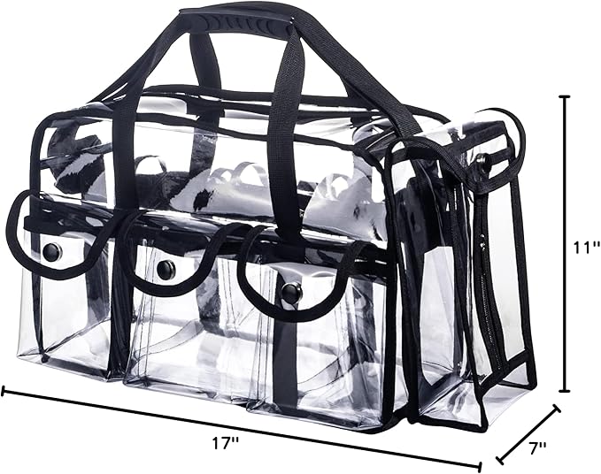 Wide Open Large Professional Clear PVC Travel Makeup Artist Set Cosmetic Nails Beauty Transparent Vinyl Tool Organizer Work Beach Diaper Bag With 6 External Pockets & Strap (Black)