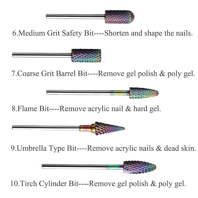 Nail Drill Bits Set, 10Pcs Tungsten Carbide Drill Bits for Nails Remove Acrylic Poly Nail Gel Polish, 3/32" Nail Files for Nail Cutter Cuticle Manicure