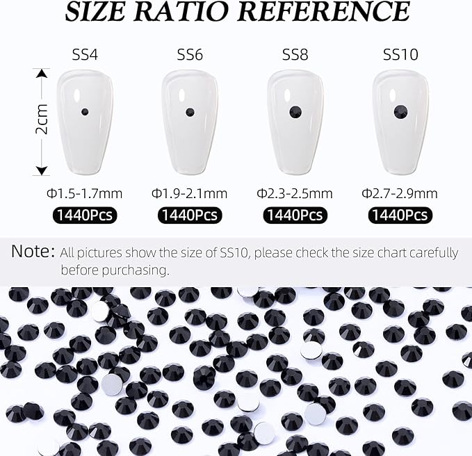 Black Flatback Rhinestones, Glass Rhinestones for Nail Art and Craft, Glue Fix, Loose Crystal Gemstones(Black, SS10, 1440pcs, 2.7-2.8mm)
