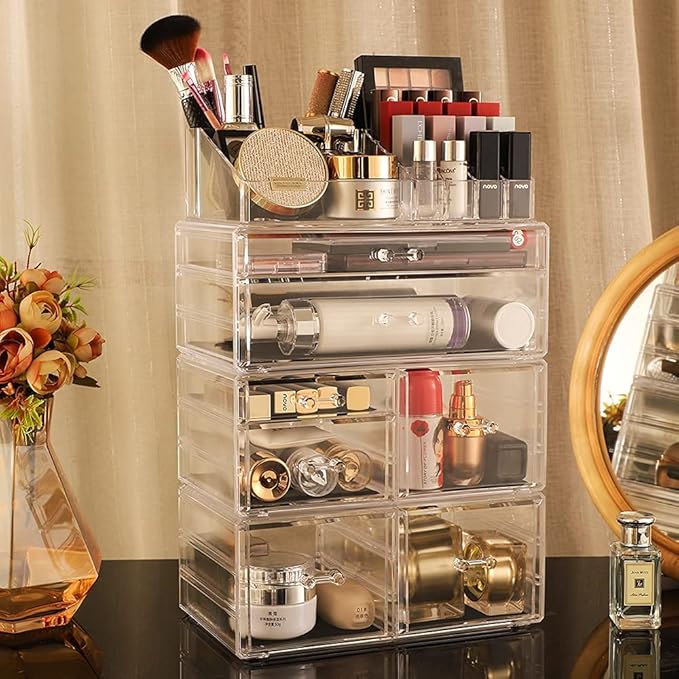 Cq acrylic 4 Pack Clear Skincare Organizer for Vanity,Stackable 7 Drawers Make Up Organizer,Cute Cosmetic Organizers for Vanity Jewelry,Hair Clip,Beauty,Skincare Product Dresser Acrylic Desk Organizer
