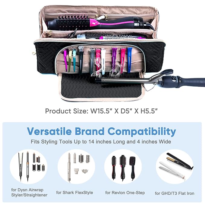 Large Hair Tools Travel Bag with Iron Mat - 2in1 Hair Tools Organizer for Hair Dryer Brush, Flat Irons, Straighteners, Curling Irons, Hair Bag, Makeup Bag, Cosmetic Bag for Travel Essentials
