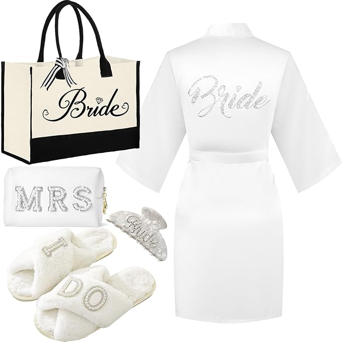 Bride To Be Gift Set - Makeup Bag, Slippers, Robe, Hair Clip - Wedding Gifts