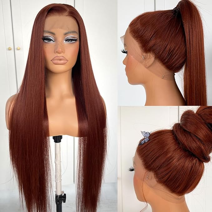 360 Reddish Brown Lace Front Wig Pre-Plucked Straight HD Glueless Lace Front Wig Synthetic Red Brown Long Straight Lace Front Wig 32inch