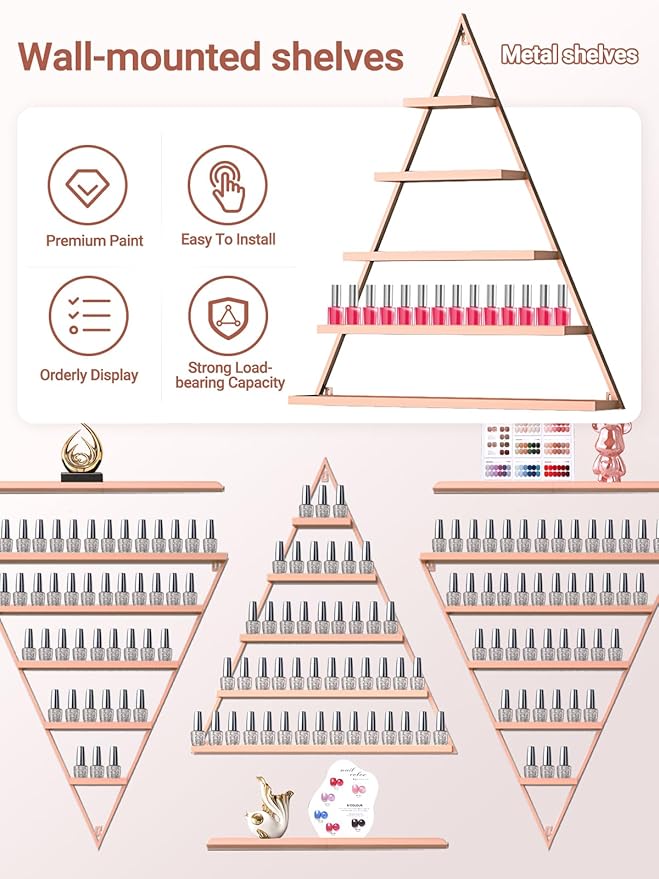 EBANKU Metal Wall-mounted Nail Polish Storage Racks 5 Tiers Triangular Display Rack Cosmetic Display Cases Lipstick Perfume Wall Shelf Essential Oil Organizers for Home Spa Nail Salon Shop (Rose Gold)