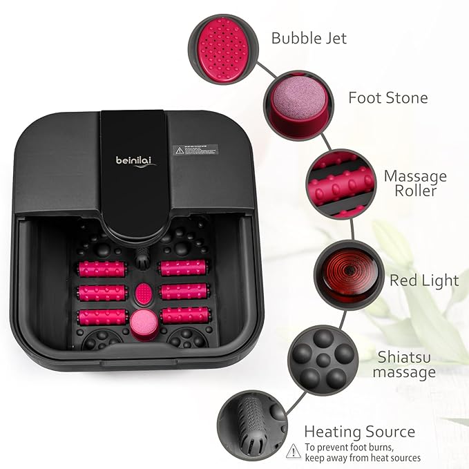 Beinilai Collapsible Pedicure Foot Spa with Heat and Massage and Bubble Jets,Foot Soak Tub with 6 Foot Rollers,Acupressure Massage Points,Red Light and Removable Pumice Stone(Dark Grey)