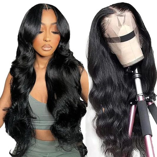 13x6 Body Wave HD Lace Front Wigs Human Hair Bleached Knots 200 Density Frontal Wigs Human Hair with Baby Hair Glueless Wigs Human Hair for Women Pre Plucked Natural Hairline Black Color 22 Inch