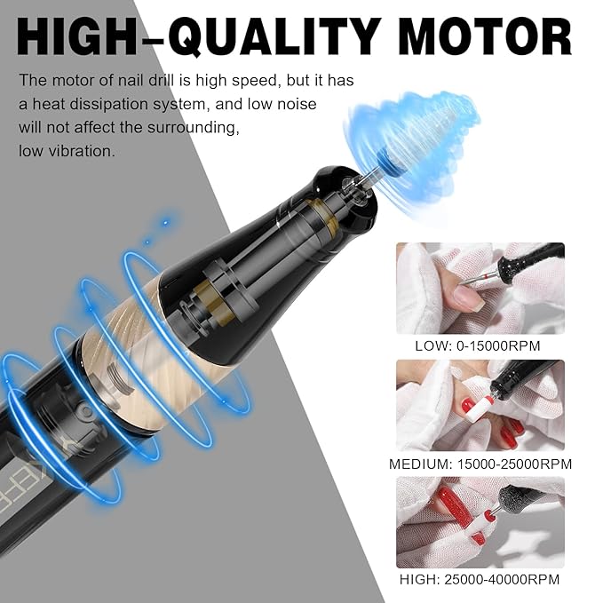 YOKE FELLOW Electric Nail File - Nail Drill Machine for Acrylic Nail Kit with Nail Dust Brush for Dip Powder Manicure Pedicure 40000RPM Rechargeable Nail Drill Gift Set for Women