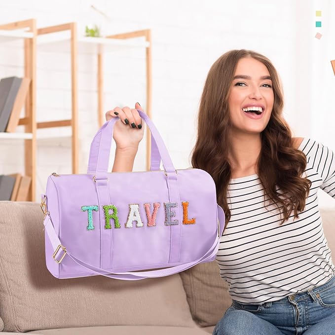 2 Pcs Preppy Chenille Letter Duffle Bag and Makeup Pouch, Travel Tote Bag Cosmetic Zipper Patch Makeup Bag (Light Purple)