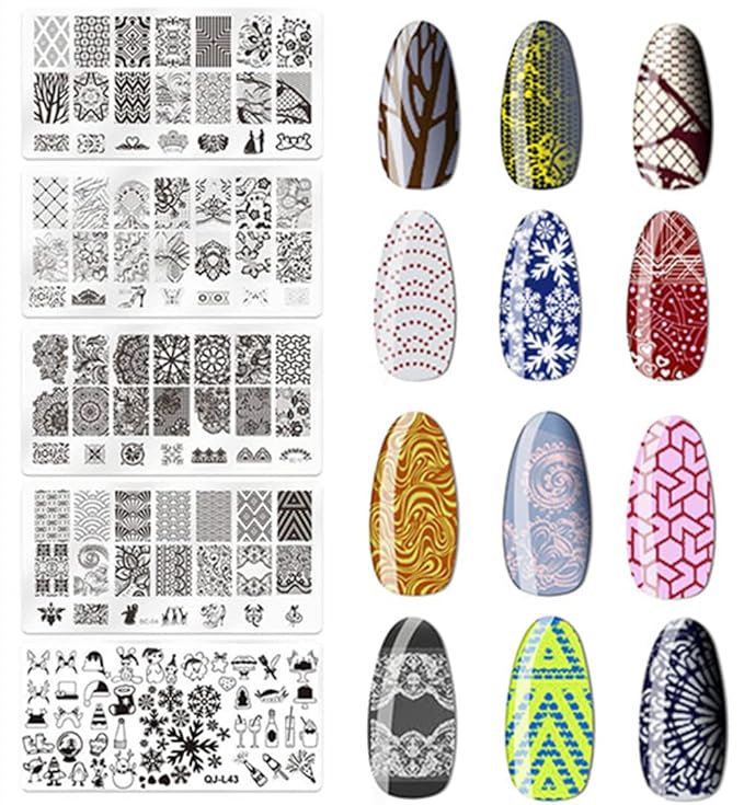 Nail Template Kit - 5pcs Nail Stamping Plates with Stamper & Scraper - 8 Colors Gel Polish Set