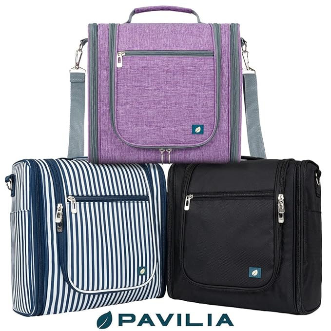 PAVILIA Extra Large Toiletry Bag Travel Bag for Women Men, Hanging Cosmetic Organizer, Water Resistant Makeup Bag for Accessories Toiletries, Travel Essentials Kit (Stripe Navy)