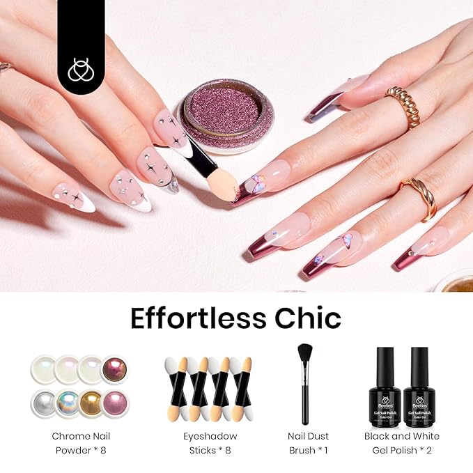 Beetles Metallic Chrome Nail Powder Kit Black White Colors Gel Polish Mirror Effect Holographic Metallic Nail Polish Chrome Manicure Art Decoration Glitter Nail Powder for Women