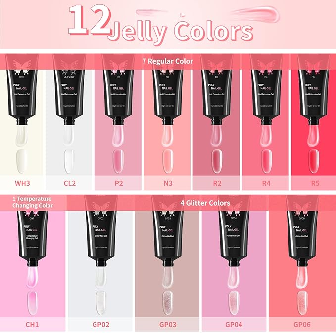 Poly Nail Gel Kit, Ohuhu 12 Colors Nail Gel Kit Enhancement Builder with 1 Temperature Color Changing, 4 Glitter Colors and 7 Regular Color Kit for DIY Girls Lover Mother - Jelly Color