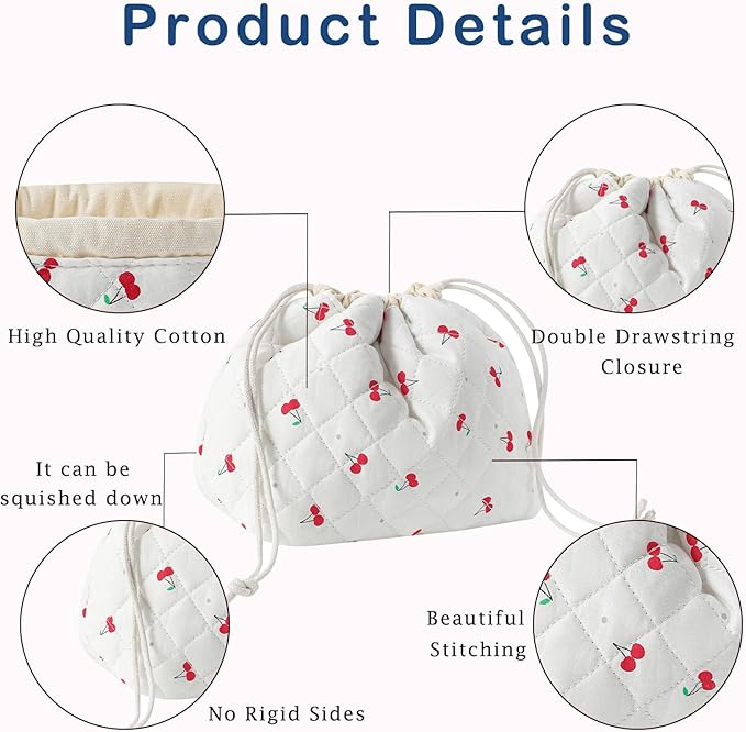 Cotton Quilted Drawstring Makeup Bag with Canvas Lining,Coquette Aesthetic Cute Travel Toiletry Bag,Drawstring Gift Bag for Women and Girls(01Cherry)