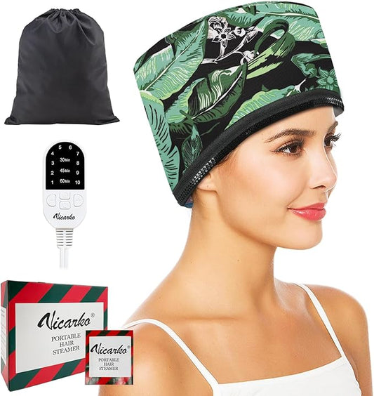 VICARKO Hair Steamer for Deep Conditioning, 10-Level Heats Up Quickly, 118” Power Cord, Heating Cap Hot Oil Treatment Heat, Electric Thermal Heated Steam for Natural Black Hair, Leaf Print