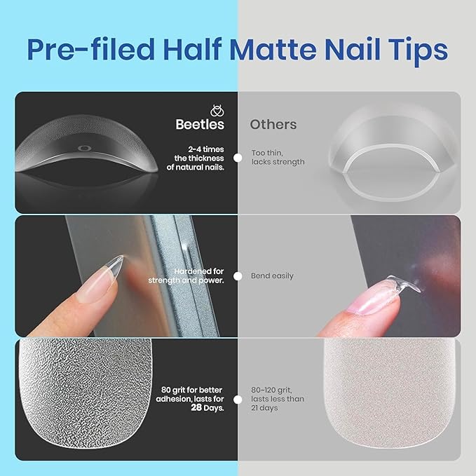 Beetles Gel Nail Kit Easy Nail Extension Set 504Pcs Pre Filed Half Matte Short Coffin Gel Nail Tips with 5 in 1 Multipurpose Glue Gel Base Uv Led Nail Lamp No Wipe Base Coat Soak Off Long-Lasting