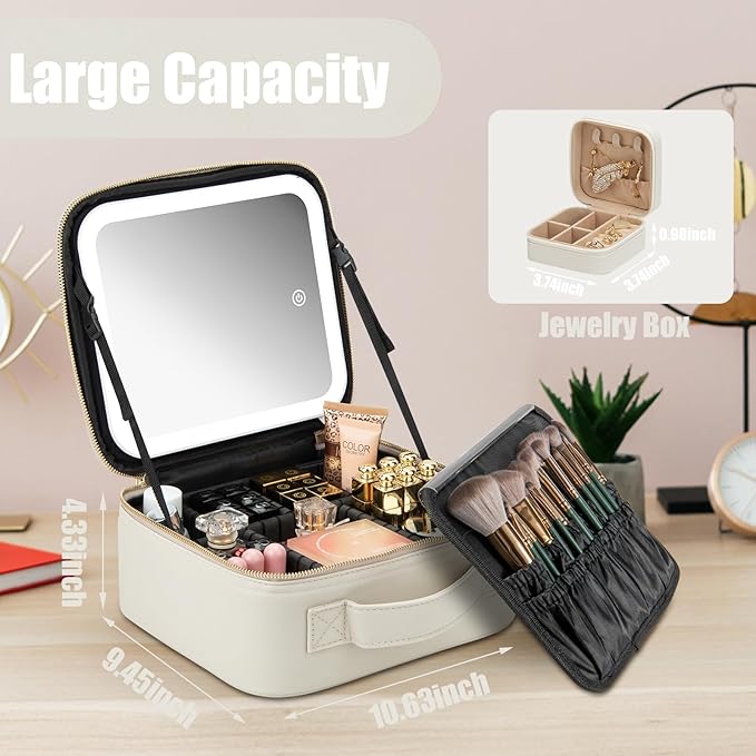 Makeup Travel Train Case with Mirror LED Light 3 Adjustable Brightness Cosmetic Bag Portable Storage Adjustable Partition Waterproof Makeup Brushes Makeup Jewelry Gift for Women (Light Gray)