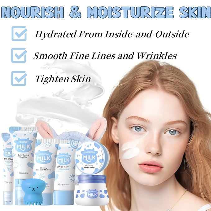 Skincare Kits Milk Girls Gifts - Teen Skin Care Set - Skin Care Routine Kit for Women - with Hand Wax,Sunscreen,Face & Eye Cream,Exfoliating Scrub,Cleanser - Mother's Day Gifts (8PCS, Milk)