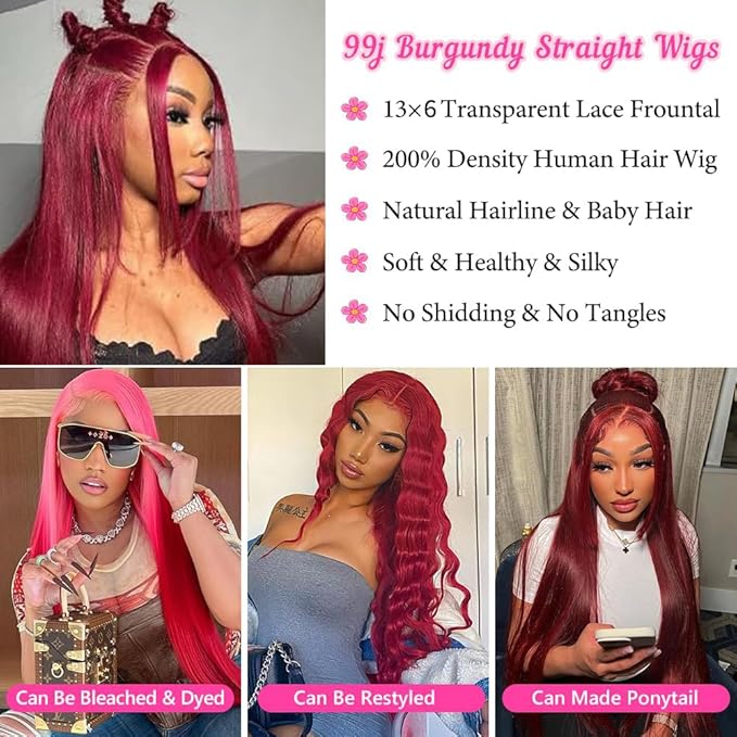99J Burgundy Lace Front Wigs Human Hair 13x6 Straight Lace Frontal Wigs Human Hair Pre Plucked Wine Red Colored Straight Wigs Human Hair Red Human Hair Wigs for Women 30 Inch
