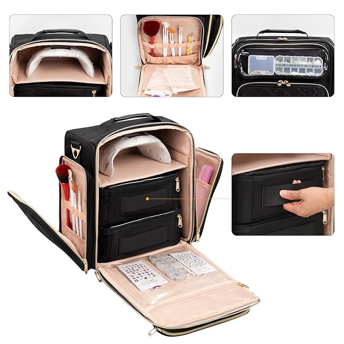 OCHEAL Nail Polish Organizer Case for 50-60 Bottles (15ml) - Portable Manicure Storage Bag with 2 Detachable Pouches, Nail Lamp Compartment & Tools Sections - Travel-Friendly Cosmetic Carrying,Black