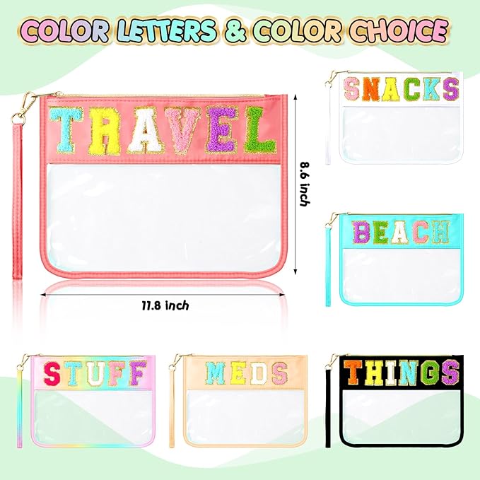 Abbylike 6 Pcs Chenille Letter Clear Zipper Pouch Summer Waterproof Cosmetic Pouch Travel Gym Beach Hawaii Bag Travel Patch Purse Makeup Letter Bag for Women Girls, 6 Colors(Charming Colors,Stylish)