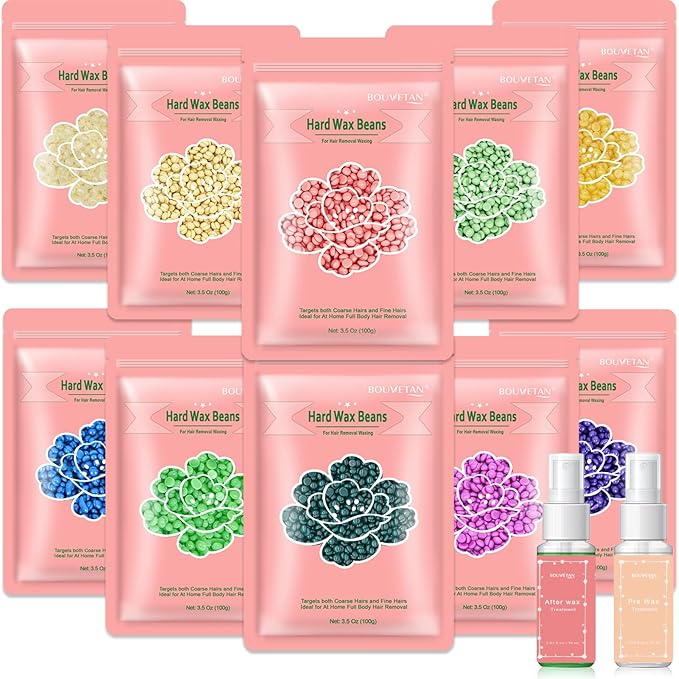 Wax Beads for Hair Removal, 2.2lb/1000g Hard Waxing Beans for Full Body, Brazilian, Bikini, Face, Eyebrows, Home Wax Refill for Women & Men, Pack of 10 with Pre & Post Oil